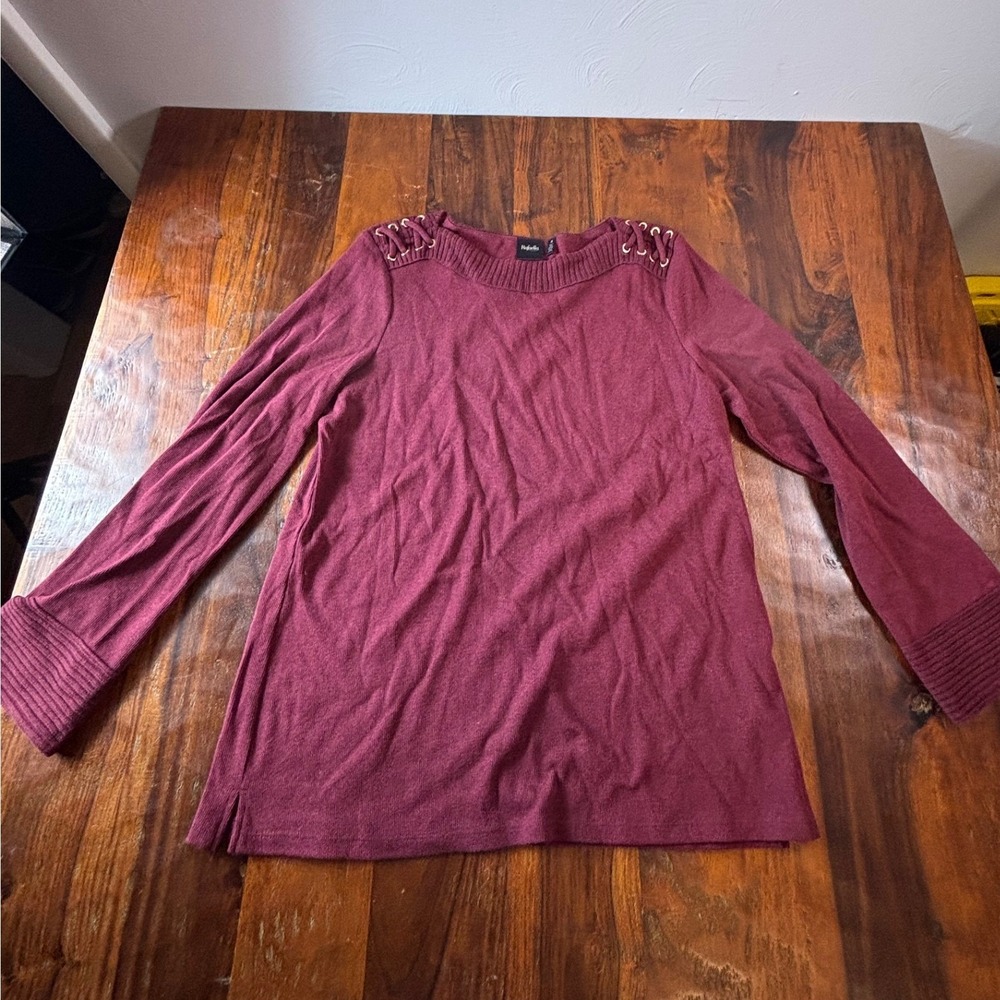 Rafaella Womens Dark Cherry Heather Lace Up Shoulder Knit Top M RSKF9014 NEW